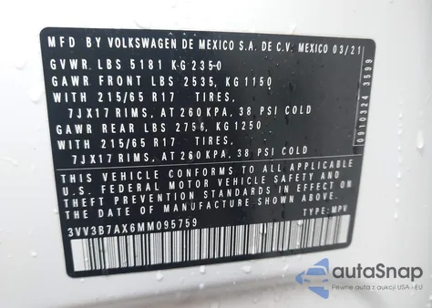 2021 Volkswagen Tiguan 2.0T Se/2.0T Se R-Line Black/2.0T Sel from USA, damaged, VIN 3VV3B7AX6MM095759